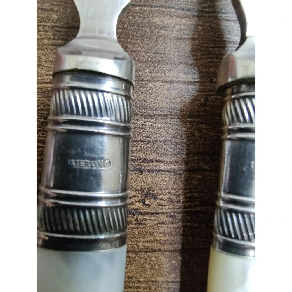 Antique Mother of Pearl Serving Forks Set of 3 Sterling Ferrules EPNS Victorian